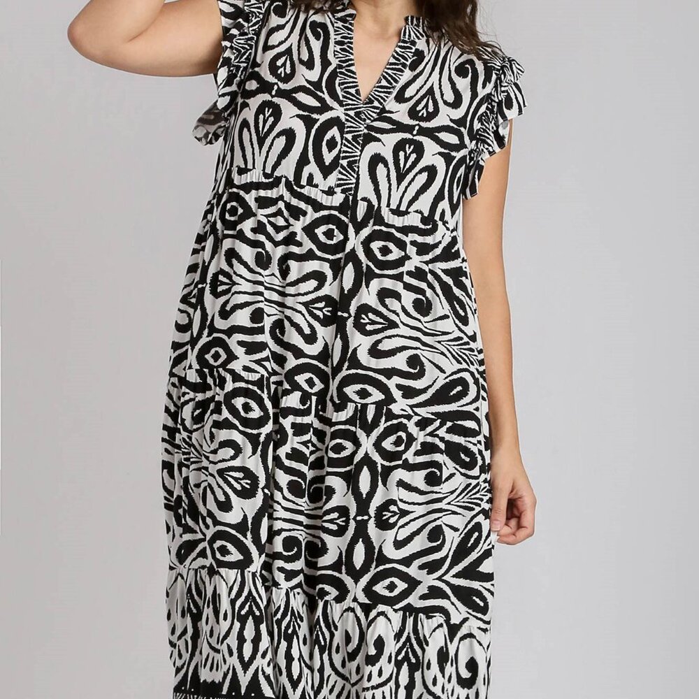 Umgee Full Size Two Tone Border Print Ruffle Cap Sleeve Midi Dress Plus Size 🛍️ - Picture 5 of 6